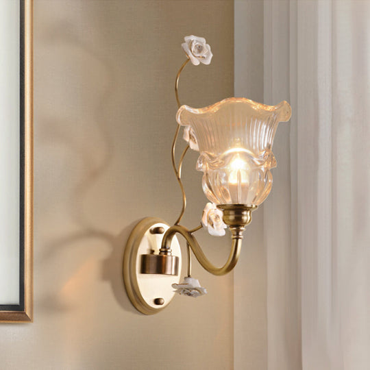 Clear Glass Floral Sconce Retro Style Wall Light With Ruffled Tiers In White