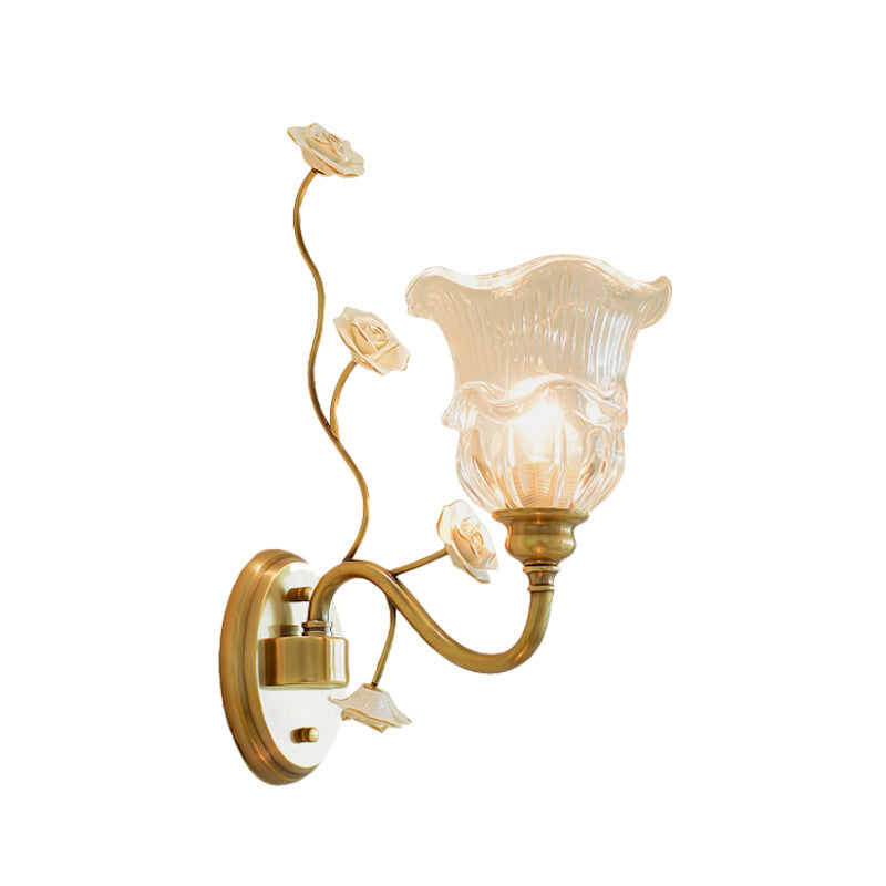 Clear Glass Floral Sconce Retro Style Wall Light With Ruffled Tiers In White