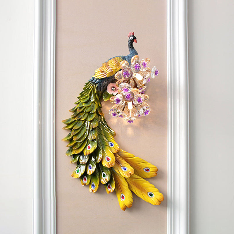 Rural Resin Peacock Wall Mounted Lamp: 2-Light White/Green/Gold Lighting With Floral Crystal Ball