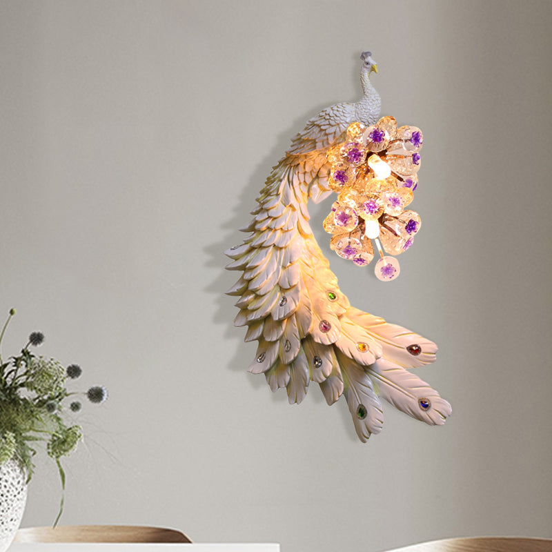 Rural Resin Peacock Wall Mounted Lamp: 2-Light White/Green/Gold Lighting With Floral Crystal Ball