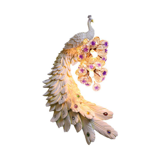 Rural Resin Peacock Wall Mounted Lamp: 2-Light White/Green/Gold Lighting With Floral Crystal Ball