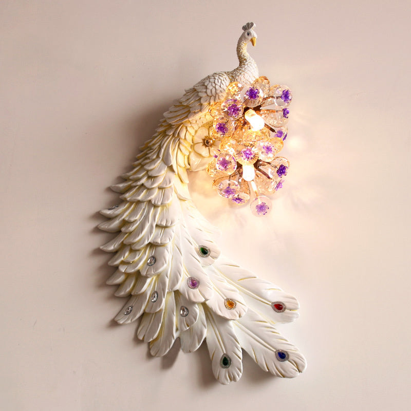 Rural Resin Peacock Wall Mounted Lamp: 2-Light White/Green/Gold Lighting With Floral Crystal Ball