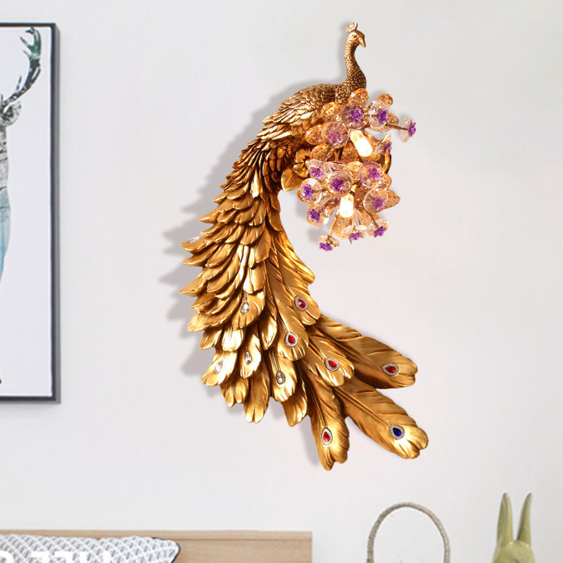 Rural Resin Peacock Wall Mounted Lamp: 2-Light White/Green/Gold Lighting With Floral Crystal Ball