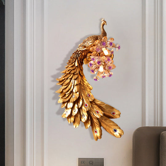 Rural Resin Peacock Wall Mounted Lamp: 2-Light White/Green/Gold Lighting With Floral Crystal Ball