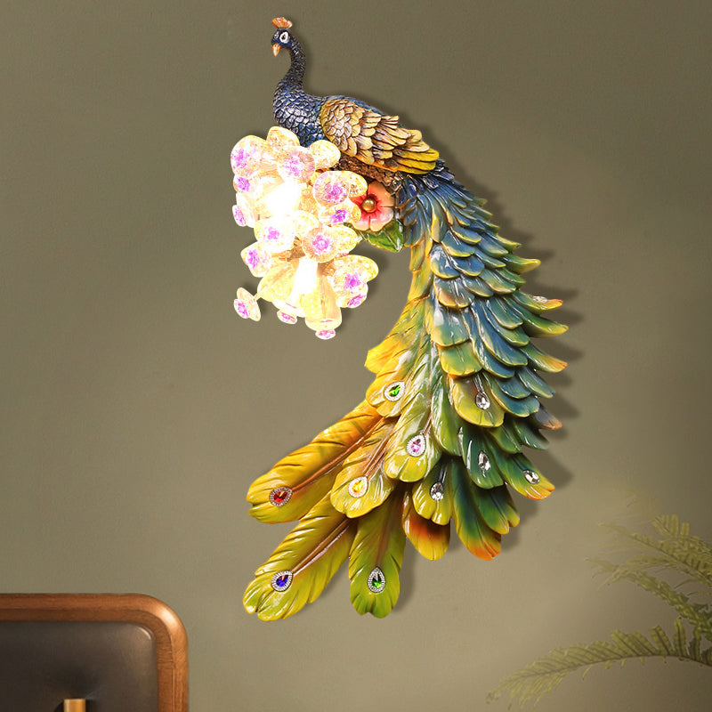 Rural Resin Peacock Wall Mounted Lamp: 2-Light White/Green/Gold Lighting With Floral Crystal Ball