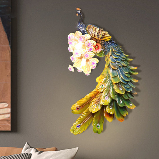 Rural Resin Peacock Wall Mounted Lamp: 2-Light White/Green/Gold Lighting With Floral Crystal Ball