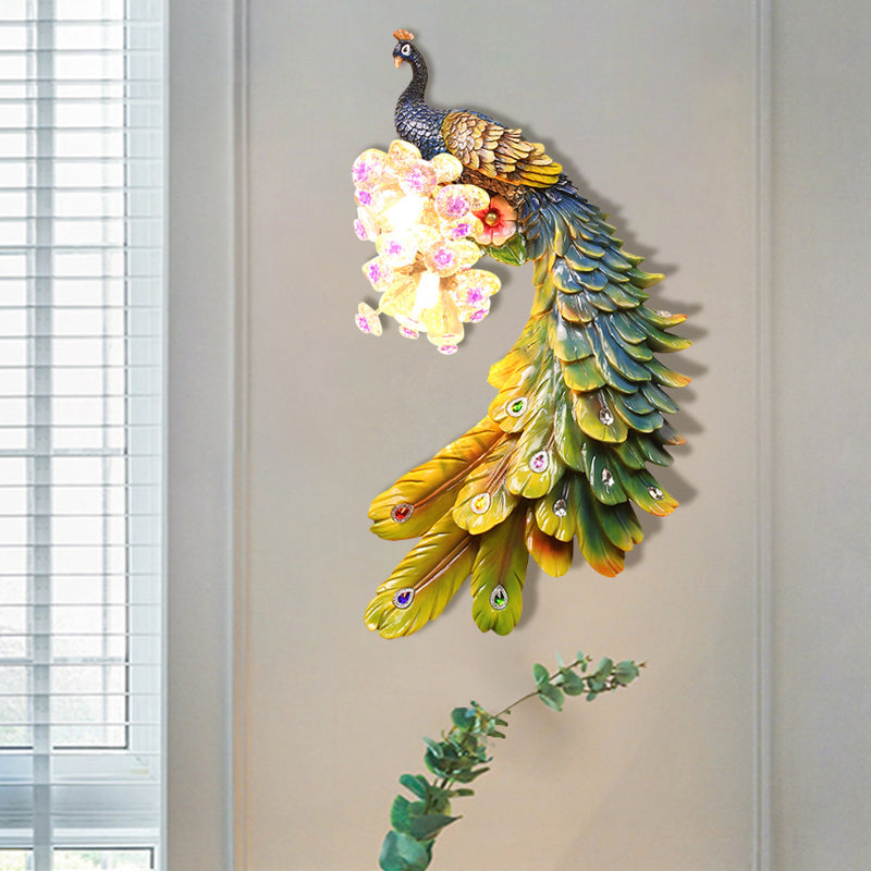 Rural Resin Peacock Wall Mounted Lamp: 2-Light White/Green/Gold Lighting With Floral Crystal Ball