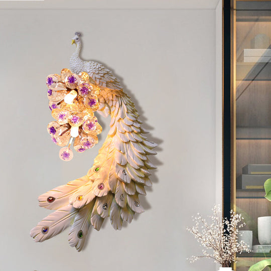 Rural Resin Peacock Wall Mounted Lamp: 2-Light White/Green/Gold Lighting With Floral Crystal Ball