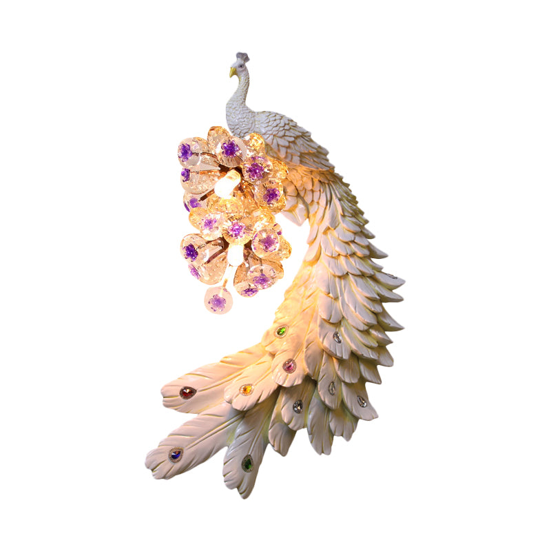 Rural Resin Peacock Wall Mounted Lamp: 2-Light White/Green/Gold Lighting With Floral Crystal Ball