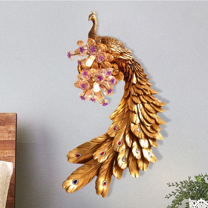 Rural Resin Peacock Wall Mounted Lamp: 2-Light White/Green/Gold Lighting With Floral Crystal Ball