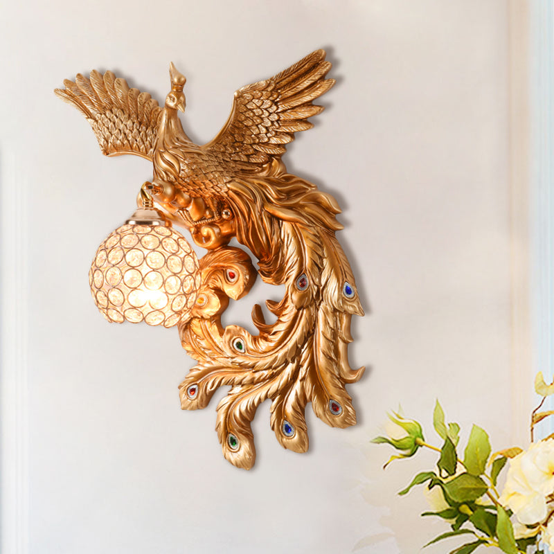 Peacock Flying Wall Mount Light: White/Green/Gold Resin With Crystal Shade Left/Right Gold / Right