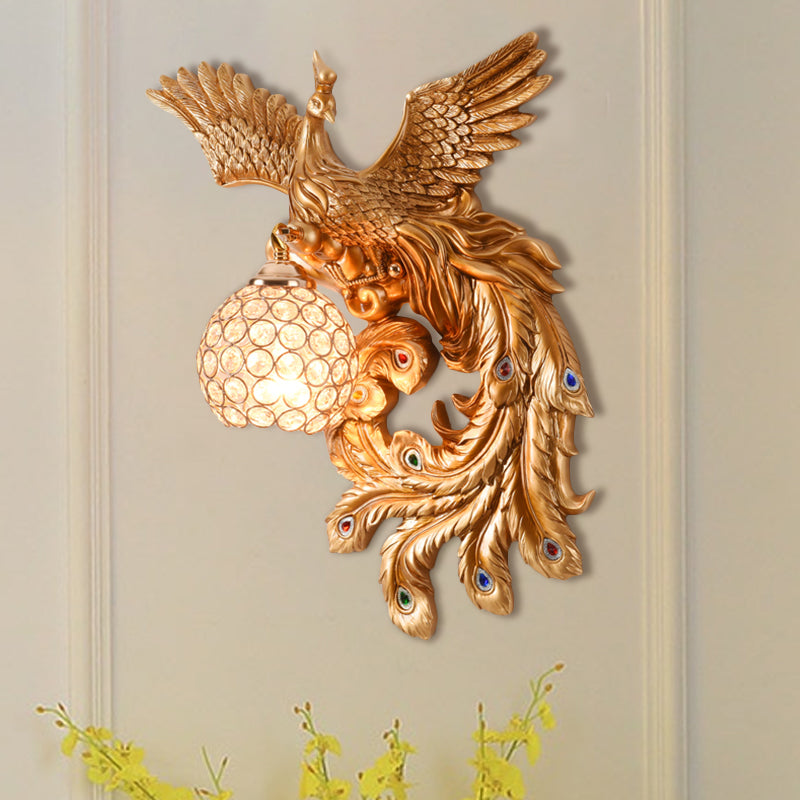 Peacock Flying Wall Mount Light: White/Green/Gold Resin With Crystal Shade Left/Right