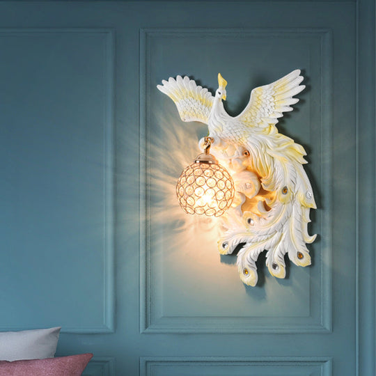 Peacock Flying Wall Mount Light: White/Green/Gold Resin With Crystal Shade Left/Right White / Right