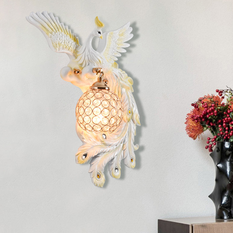 Peacock Flying Wall Mount Light: White/Green/Gold Resin With Crystal Shade Left/Right