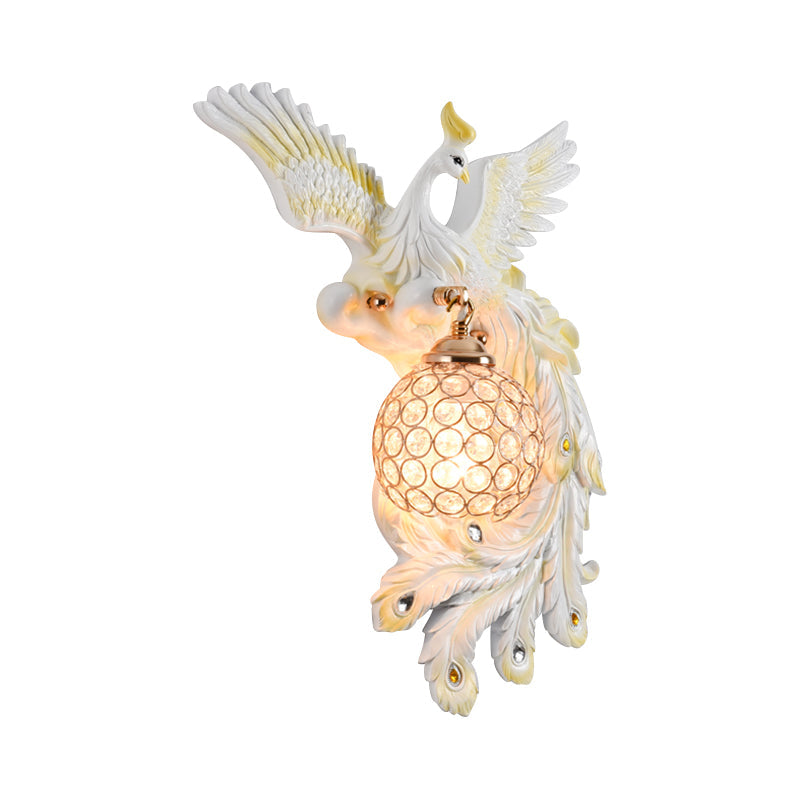 Peacock Flying Wall Mount Light: White/Green/Gold Resin With Crystal Shade Left/Right