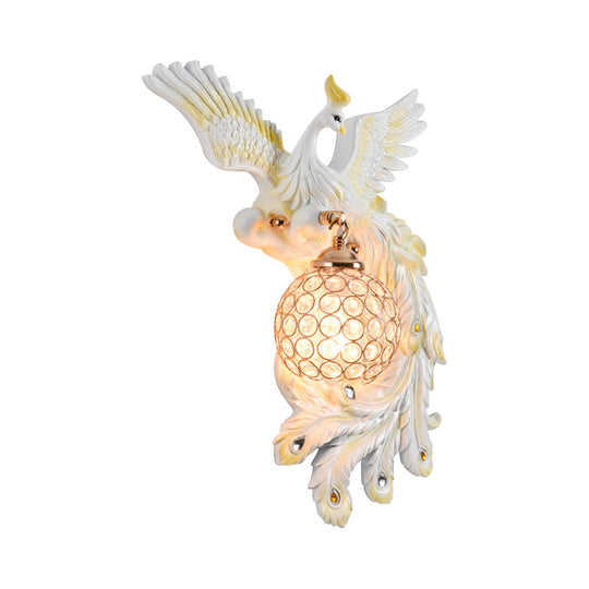 Peacock Flying Wall Mount Light: White/Green/Gold Resin With Crystal Shade Left/Right