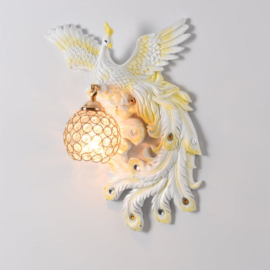 Peacock Flying Wall Mount Light: White/Green/Gold Resin With Crystal Shade Left/Right