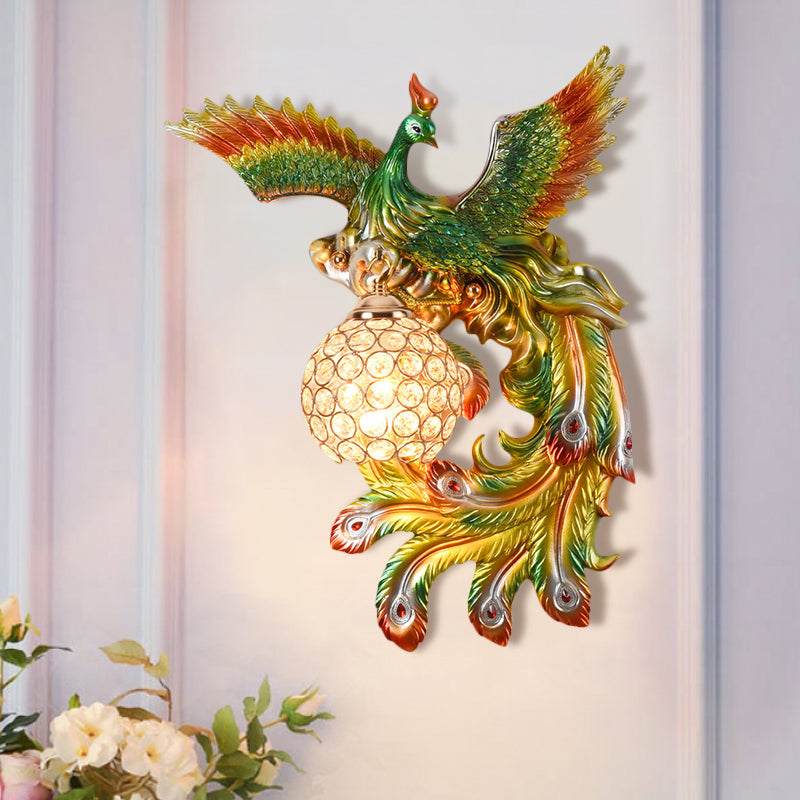 Peacock Flying Wall Mount Light: White/Green/Gold Resin With Crystal Shade Left/Right