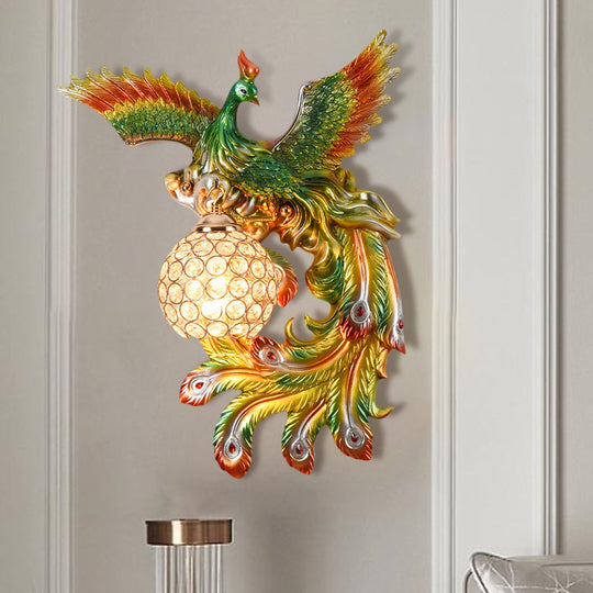 Peacock Flying Wall Mount Light: White/Green/Gold Resin With Crystal Shade Left/Right