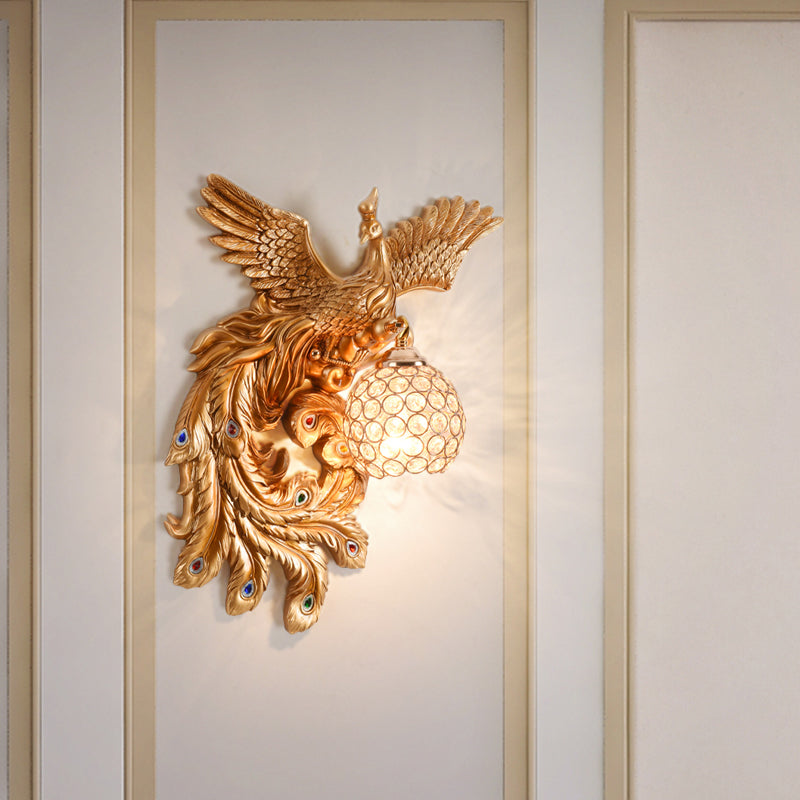 Peacock Flying Wall Mount Light: White/Green/Gold Resin With Crystal Shade Left/Right