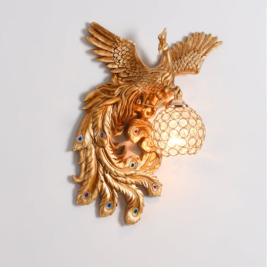 Peacock Flying Wall Mount Light: White/Green/Gold Resin With Crystal Shade Left/Right