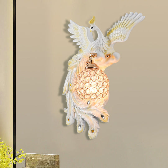 Peacock Flying Wall Mount Light: White/Green/Gold Resin With Crystal Shade Left/Right White / Left