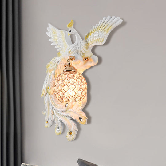 Peacock Flying Wall Mount Light: White/Green/Gold Resin With Crystal Shade Left/Right