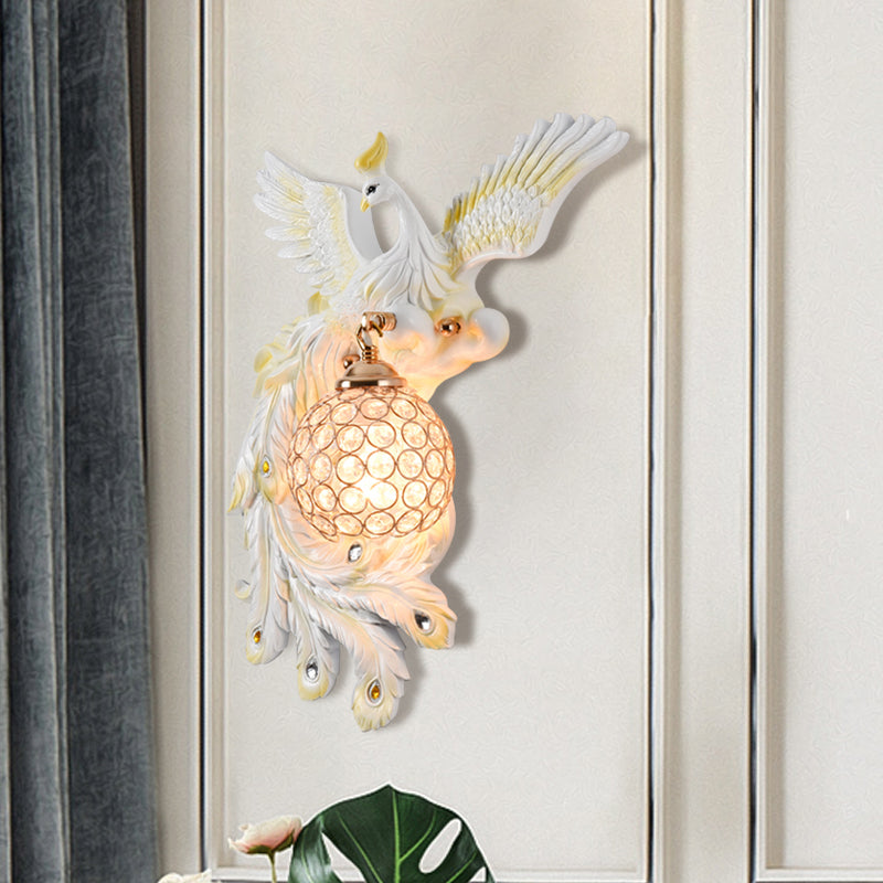 Peacock Flying Wall Mount Light: White/Green/Gold Resin With Crystal Shade Left/Right