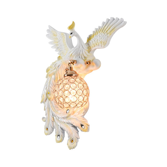 Peacock Flying Wall Mount Light: White/Green/Gold Resin With Crystal Shade Left/Right