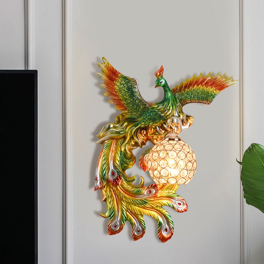 Peacock Flying Wall Mount Light: White/Green/Gold Resin With Crystal Shade Left/Right