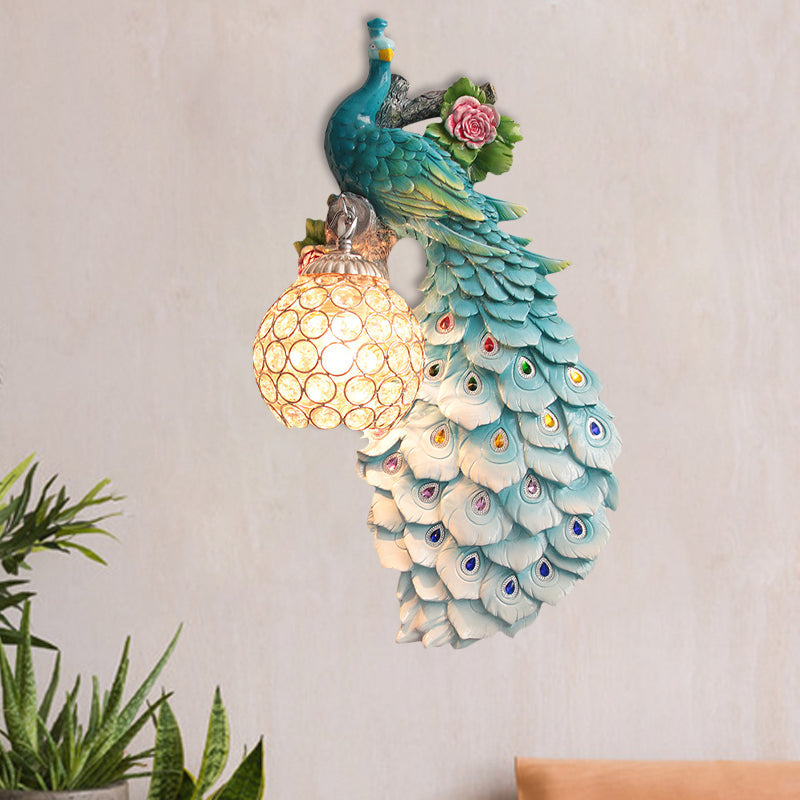 Rustic Crystal Ball Sconce: Peacock & Rose Decor Single Bulb Wall Mounted Light In White/Blue/Green