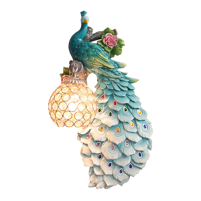 Rustic Crystal Ball Sconce: Peacock & Rose Decor Single Bulb Wall Mounted Light In White/Blue/Green