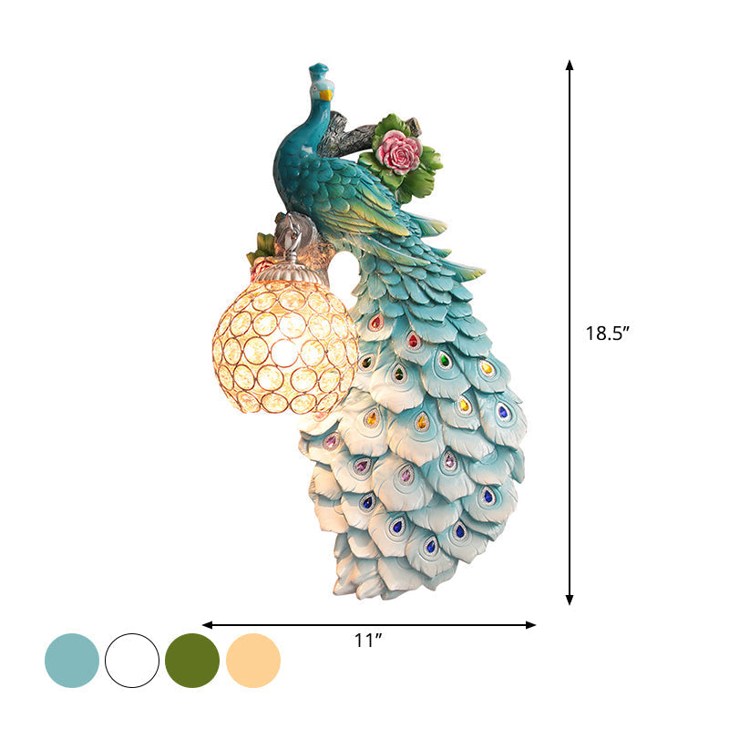 Rustic Crystal Ball Sconce: Peacock & Rose Decor Single Bulb Wall Mounted Light In White/Blue/Green