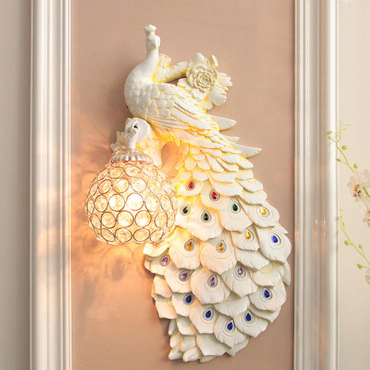 Rustic Crystal Ball Sconce: Peacock & Rose Decor Single Bulb Wall Mounted Light In White/Blue/Green