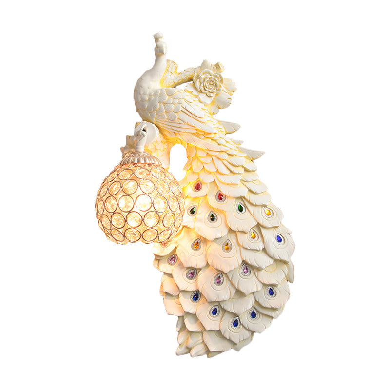 Rustic Crystal Ball Sconce: Peacock & Rose Decor Single Bulb Wall Mounted Light In White/Blue/Green