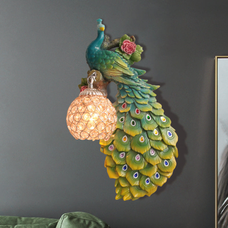 Rustic Crystal Ball Sconce: Peacock & Rose Decor Single Bulb Wall Mounted Light In White/Blue/Green