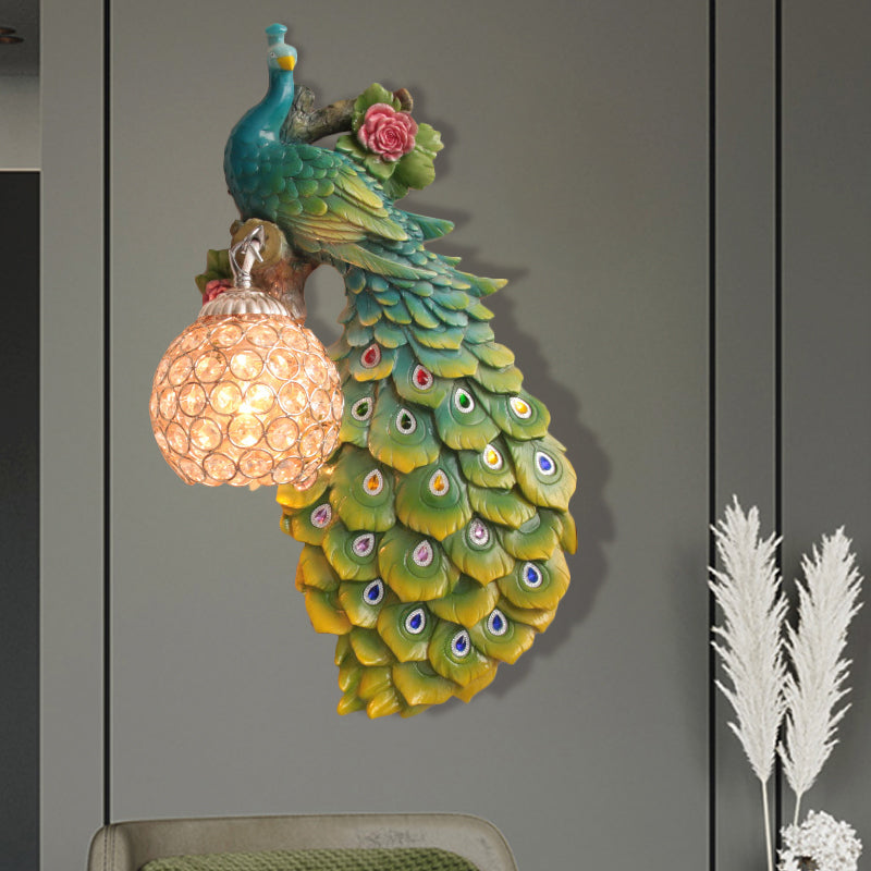 Rustic Crystal Ball Sconce: Peacock & Rose Decor Single Bulb Wall Mounted Light In White/Blue/Green