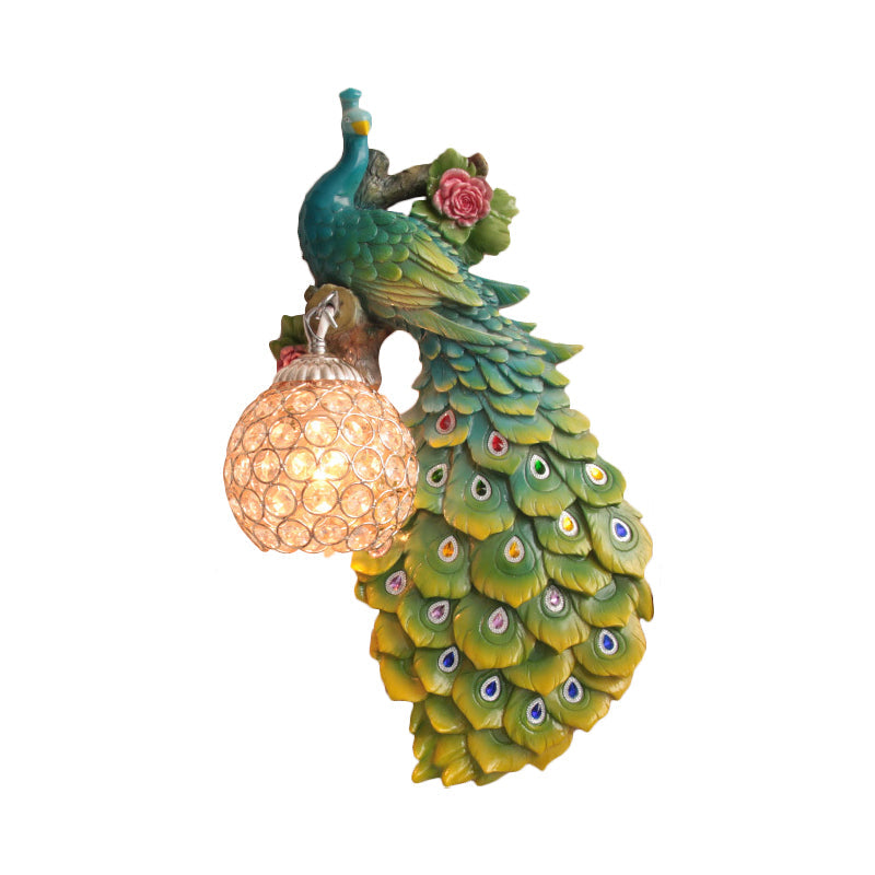 Rustic Crystal Ball Sconce: Peacock & Rose Decor Single Bulb Wall Mounted Light In White/Blue/Green