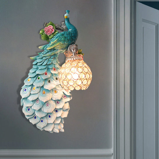 Rustic Crystal Ball Sconce: Peacock & Rose Decor Single Bulb Wall Mounted Light In White/Blue/Green