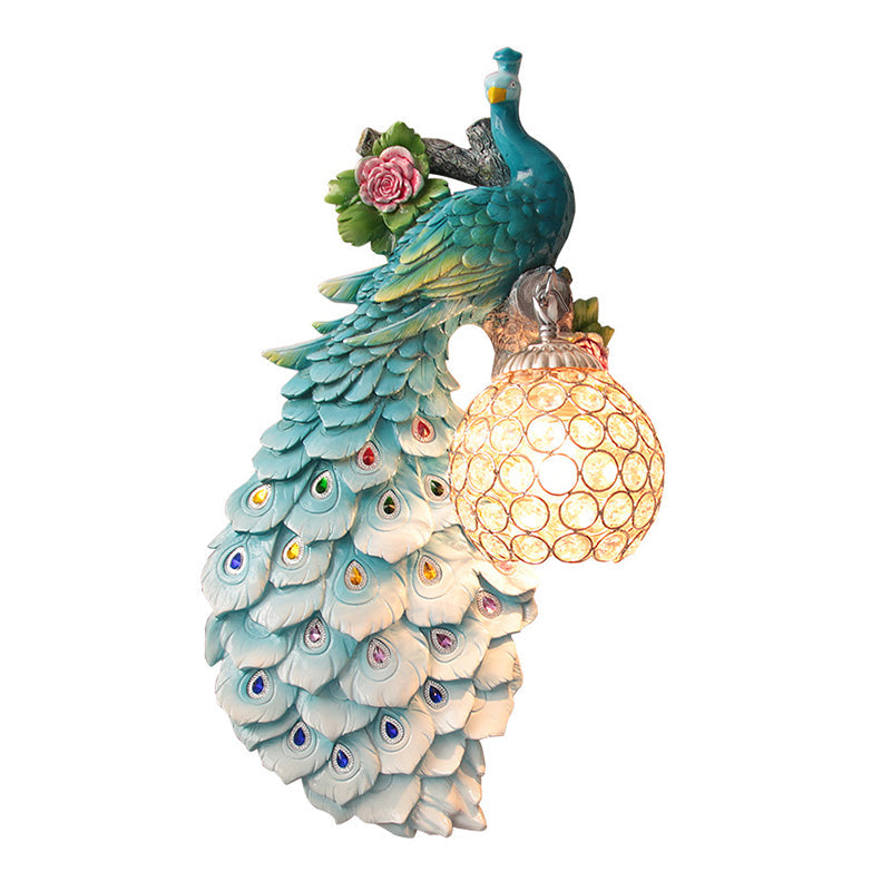 Rustic Crystal Ball Sconce: Peacock & Rose Decor Single Bulb Wall Mounted Light In White/Blue/Green