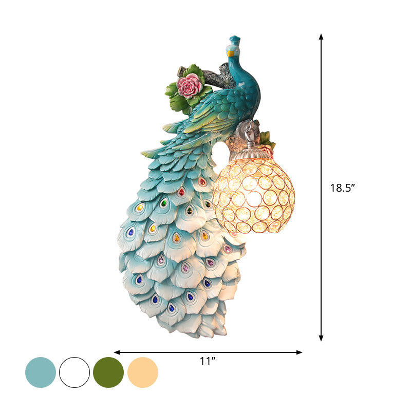 Rustic Crystal Ball Sconce: Peacock & Rose Decor Single Bulb Wall Mounted Light In White/Blue/Green