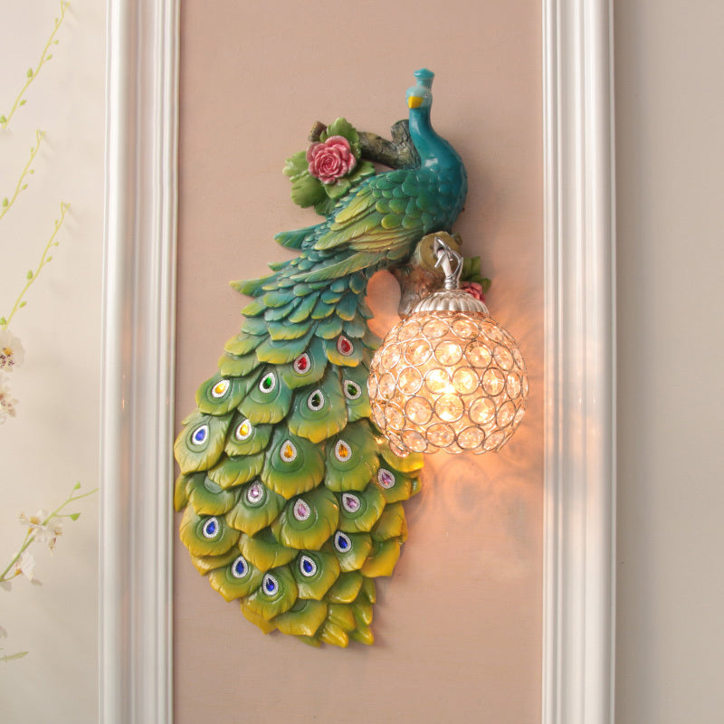 Rustic Crystal Ball Sconce: Peacock & Rose Decor Single Bulb Wall Mounted Light In White/Blue/Green