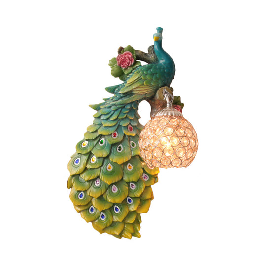 Rustic Crystal Ball Sconce: Peacock & Rose Decor Single Bulb Wall Mounted Light In White/Blue/Green