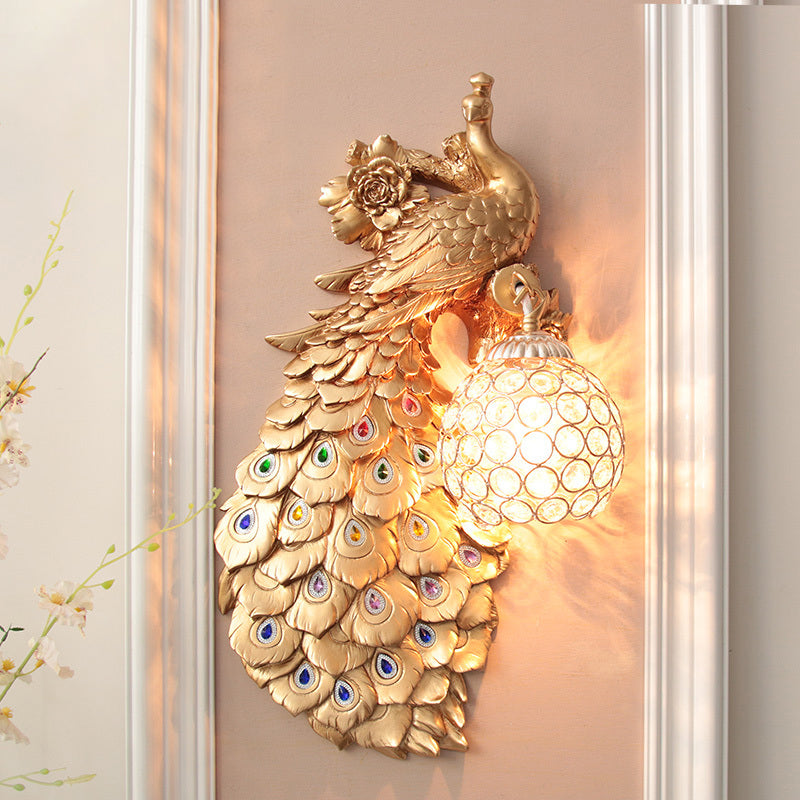 Rustic Crystal Ball Sconce: Peacock & Rose Decor Single Bulb Wall Mounted Light In White/Blue/Green