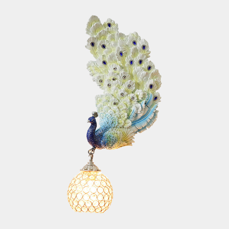 Retro Style Peacock Wall Sconce Light With Clear K9 Crystal Shade In White/Blue/Green - Left/Right