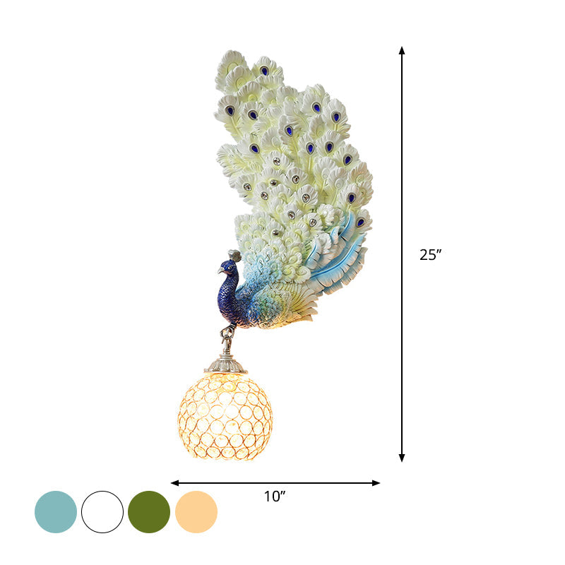 Retro Style Peacock Wall Sconce Light With Clear K9 Crystal Shade In White/Blue/Green - Left/Right