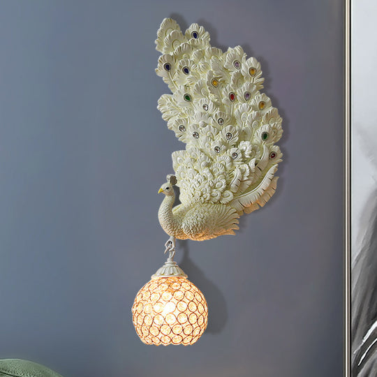 Retro Style Peacock Wall Sconce Light With Clear K9 Crystal Shade In White/Blue/Green - Left/Right