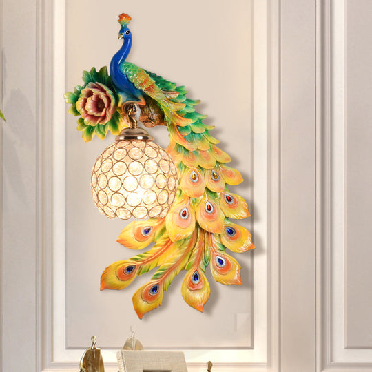 Modern Resin Flower And Peacock Wall Lamp - Dining Room Fixture With Clear K9 Crystal Shade In