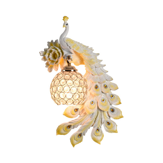 Modern Resin Flower And Peacock Wall Lamp - Dining Room Fixture With Clear K9 Crystal Shade In