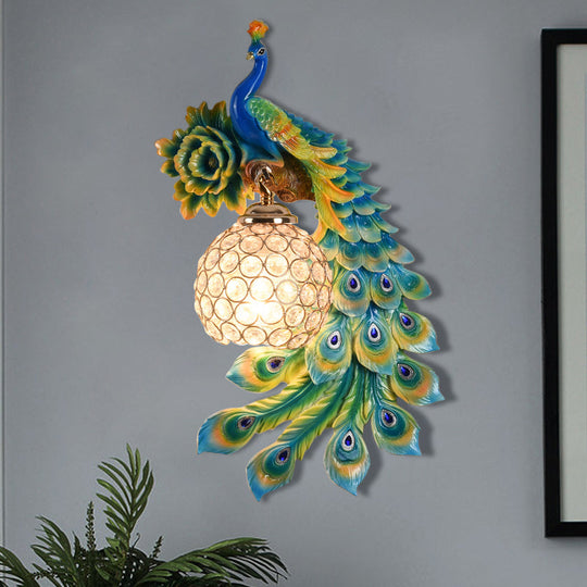 Modern Resin Flower And Peacock Wall Lamp - Dining Room Fixture With Clear K9 Crystal Shade In